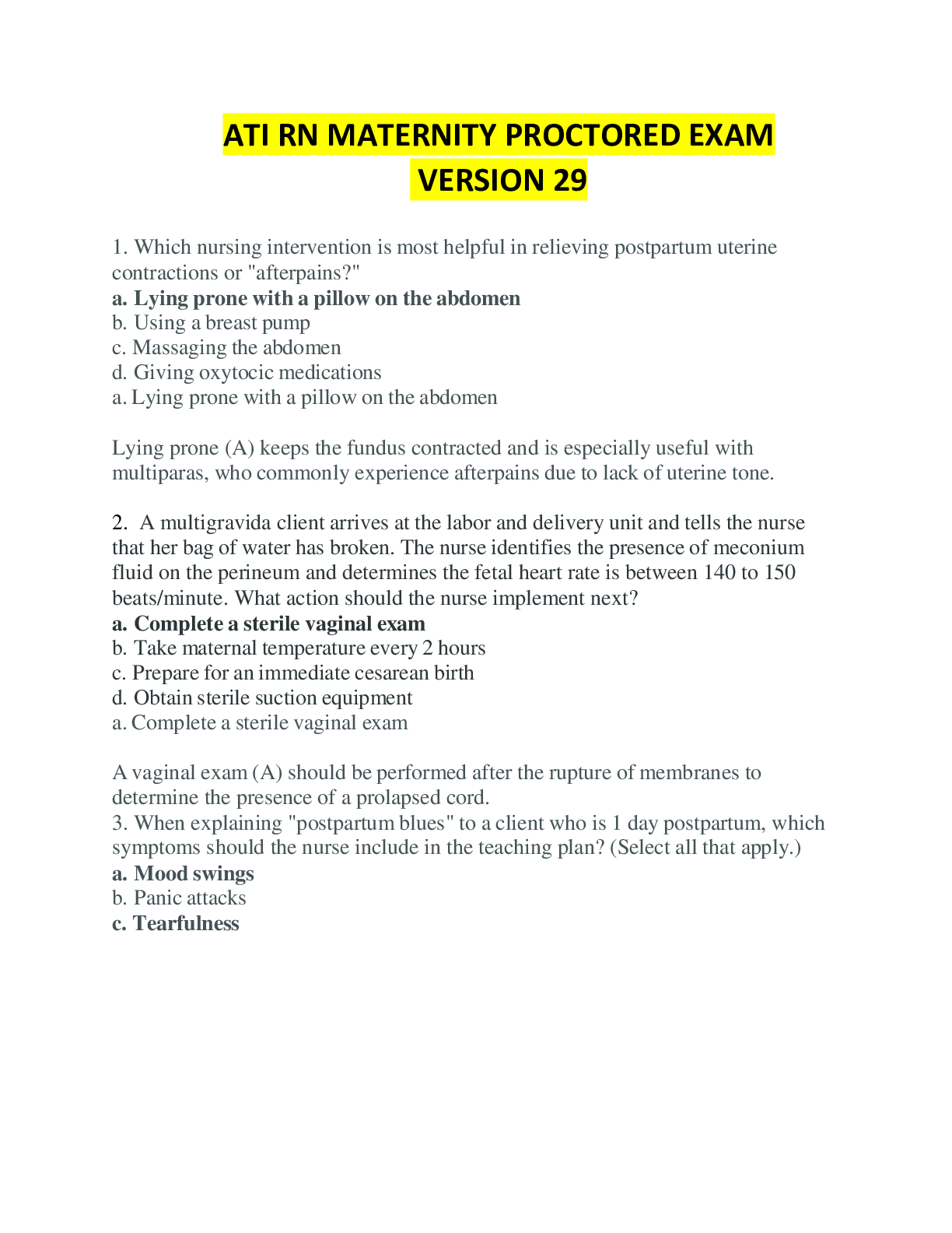 Preview of ATI RN Maternity Proctored Exam Version 29 Complete Questions & Answers with Rationale